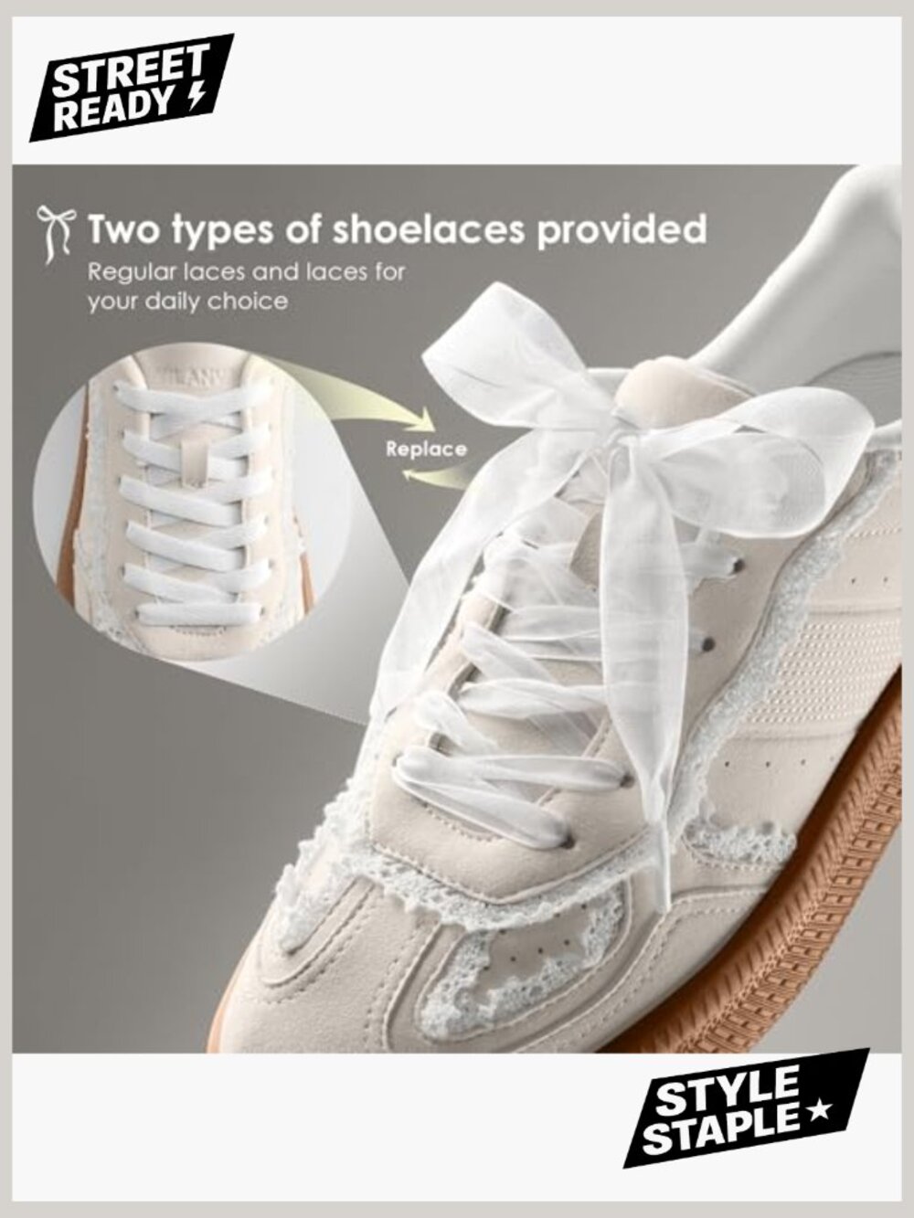 Lace Detail Fashion Sneakers Comfortable Casual Dress Sneakers Retro Gum Sole - Picture 5 of 7